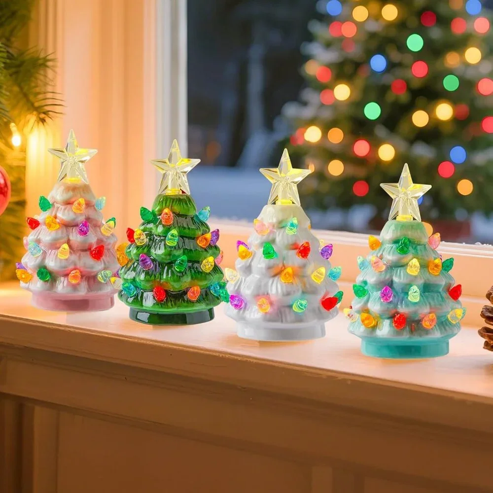 4.3 Inch Mini Ceramic Christmas Tree Set - 4 Pack Tabletop Christmas Tree